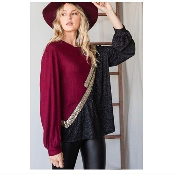 Colorblock Burgundy & Black Long Sleeve Top W/Gold Sequin Accent-NEW - Picture 7 of 8